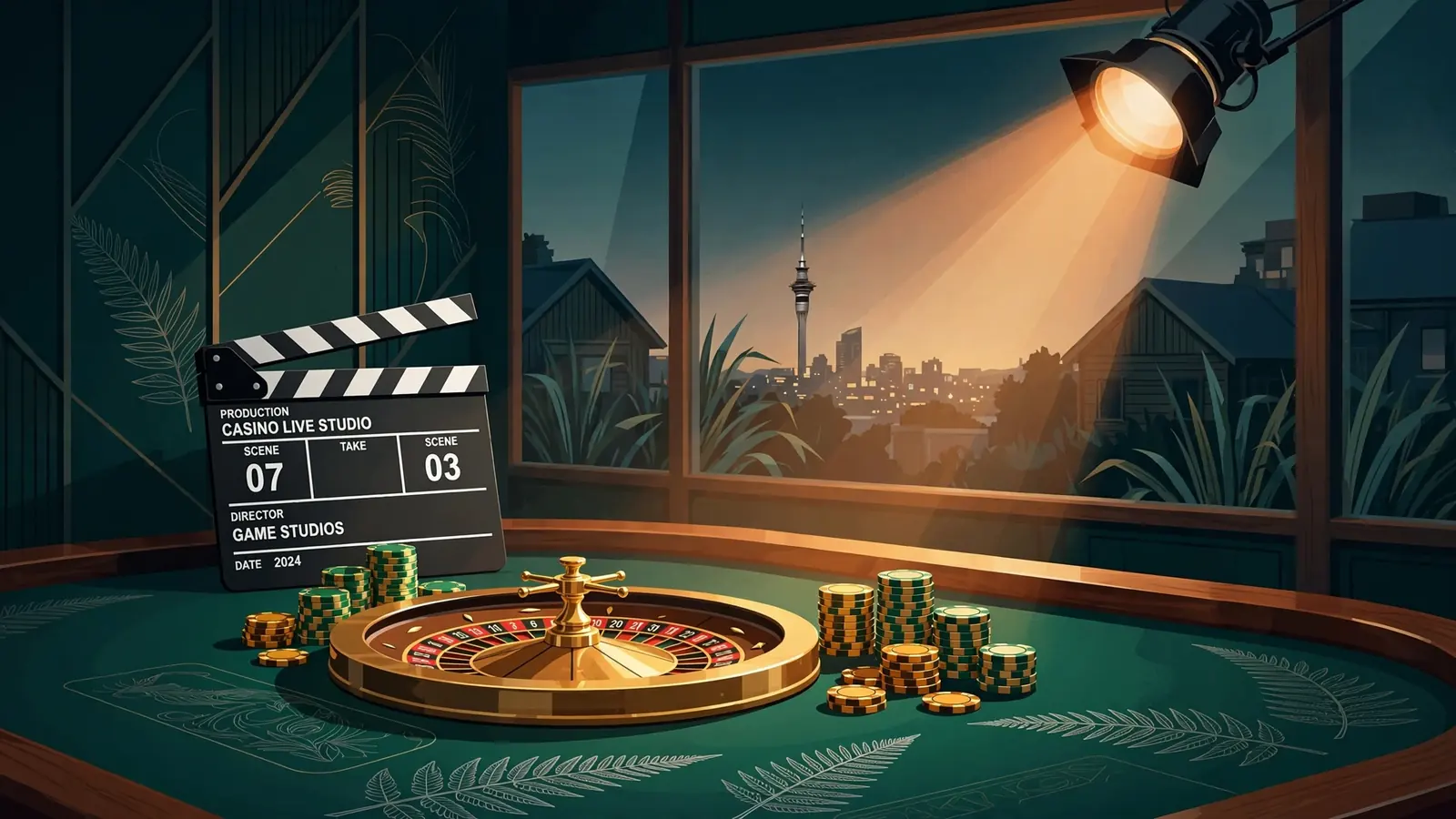Casino table with chips and roulette under a studio spotlight, with a clapperboard and subtle New Zealand fern motif