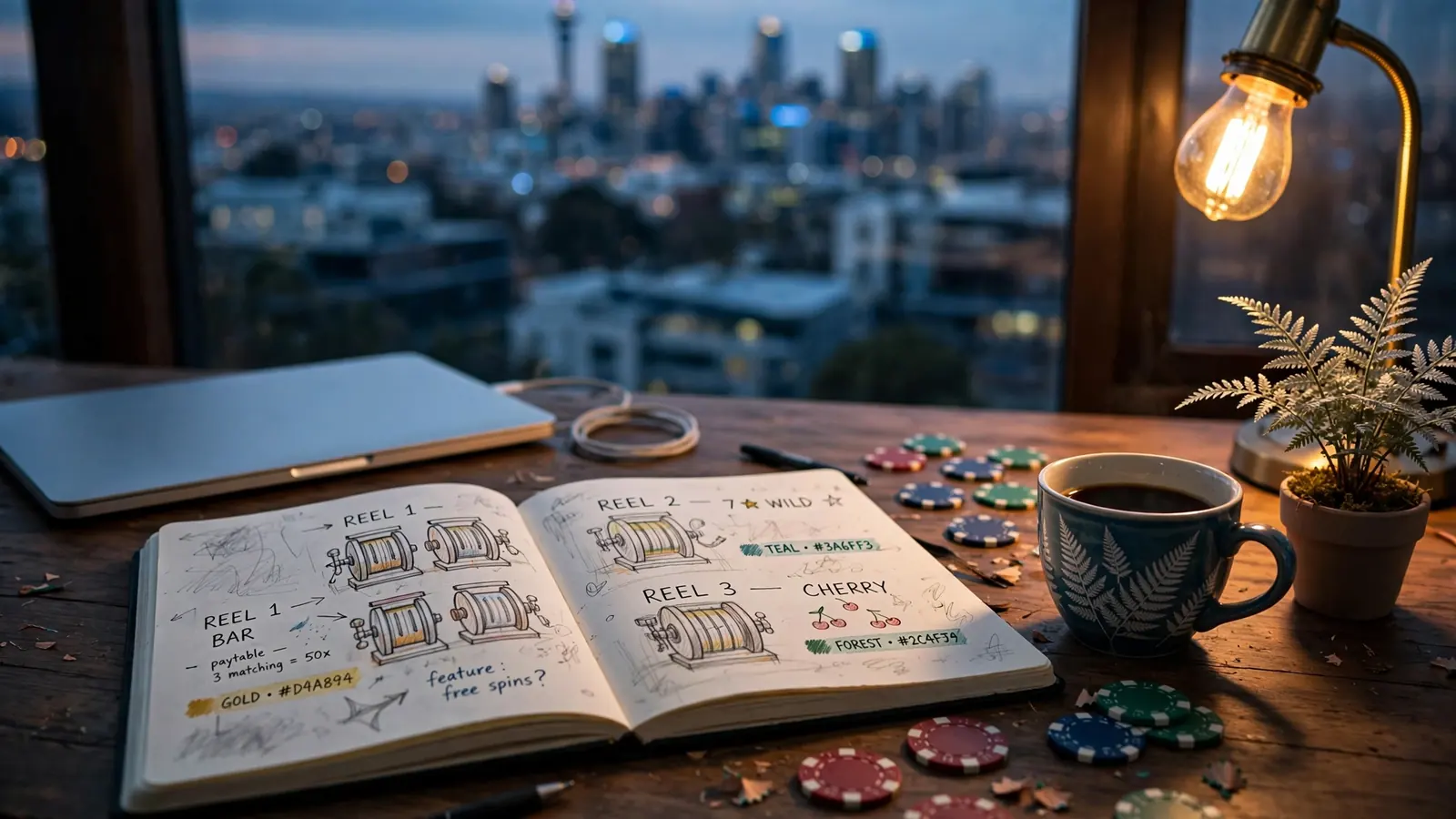 New Zealand game developer desk with sketches, chips and silver fern