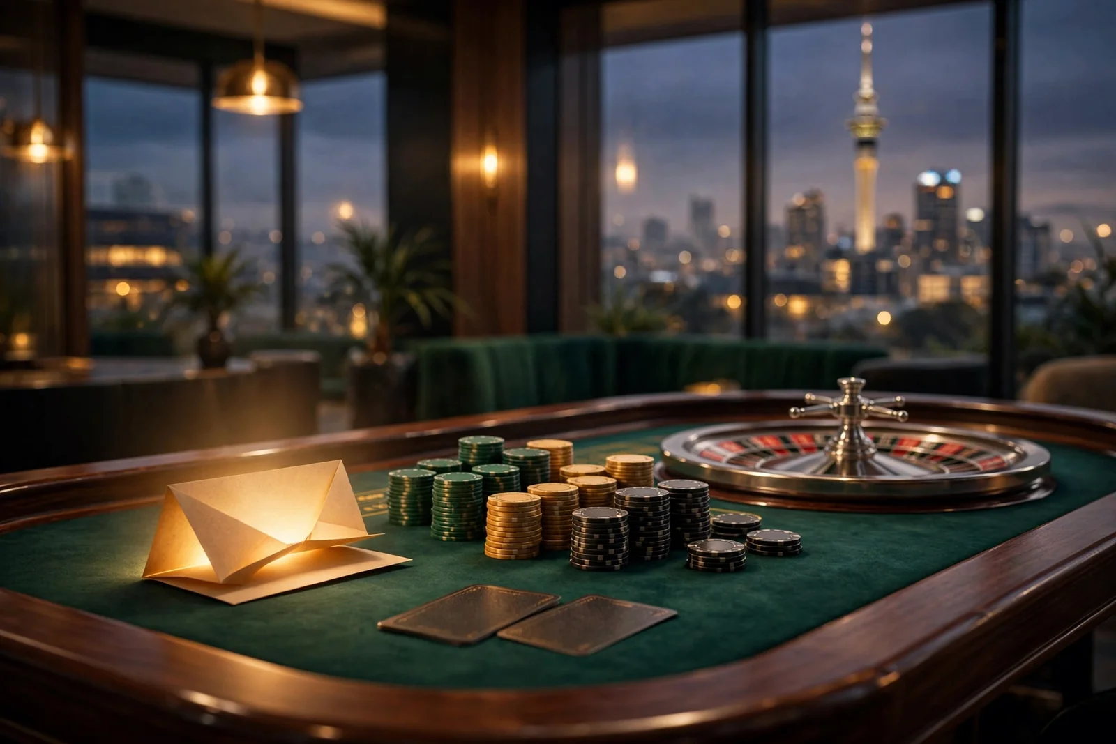 Casino table with chips, roulette wheel, and a voucher beside an Auckland skyline at dusk.