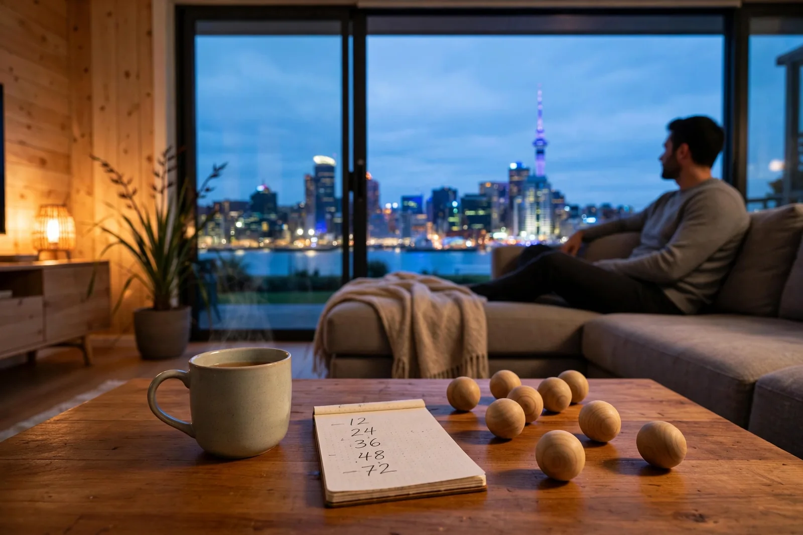Cozy NZ living room with keno balls on table and Auckland skyline at dusk