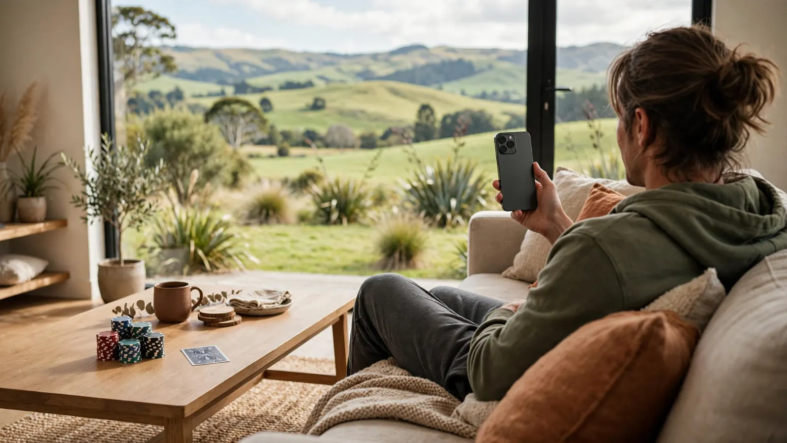 Person holding a smartphone with poker chips on a table, New Zealand hills in background