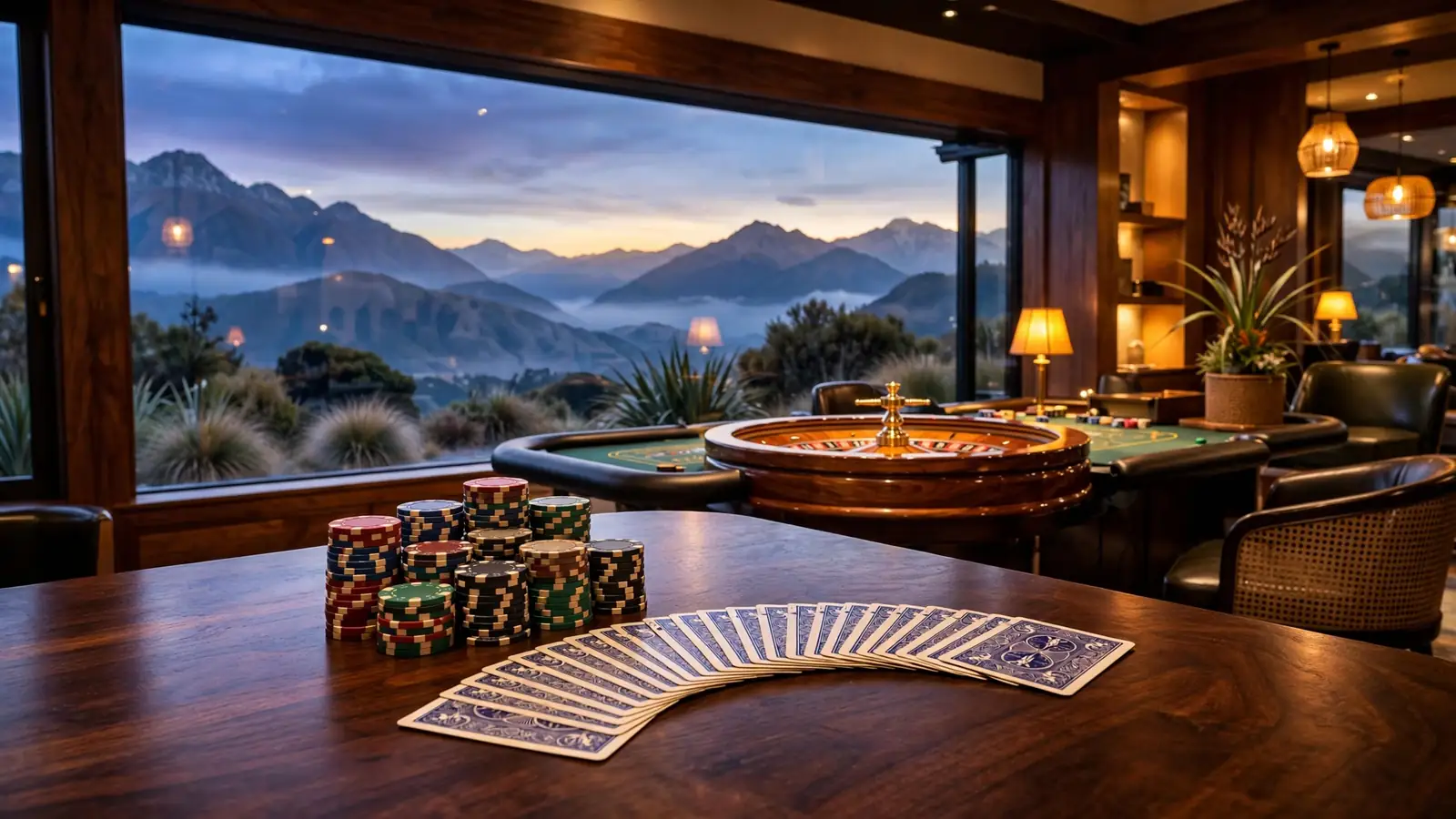 Casino table with chips and roulette wheel overlooking New Zealand mountains at sunset