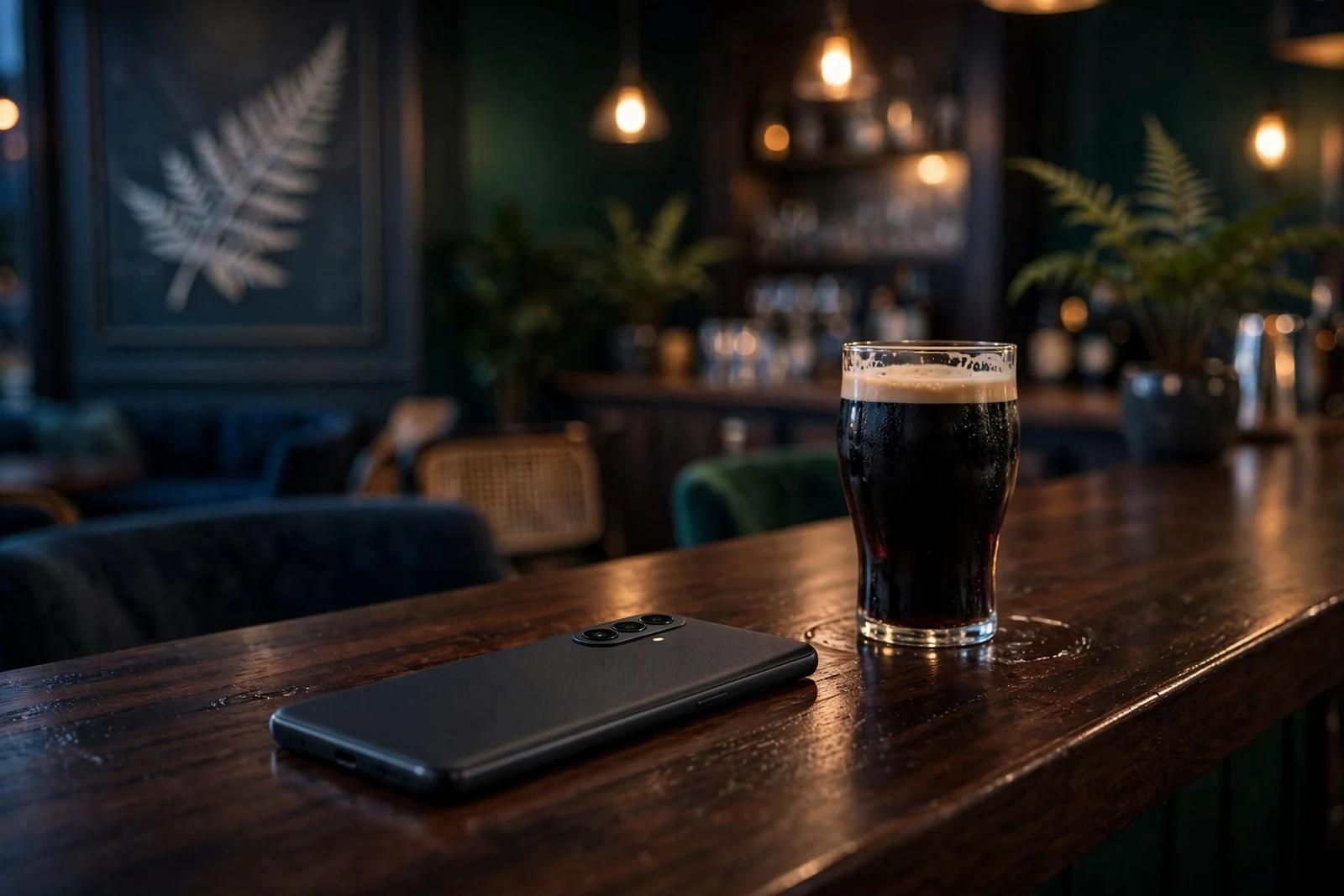 Android smartphone on a bar counter in a stylish New Zealand lounge