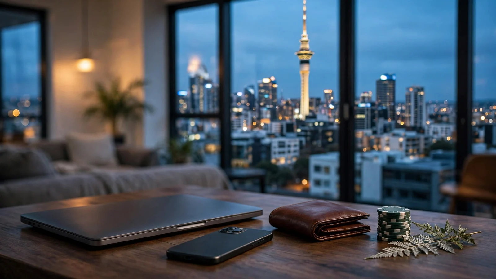 New Zealand apartment with Auckland skyline, laptop, phone, casino chips, and silver fern