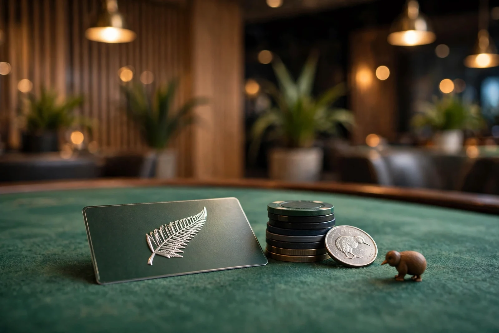 Casino loyalty card with silver fern motif on green felt with chips, New Zealand setting