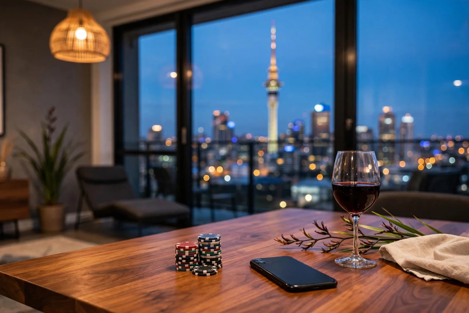Casino chips and a smartphone face-down on a table with Auckland skyline at dusk