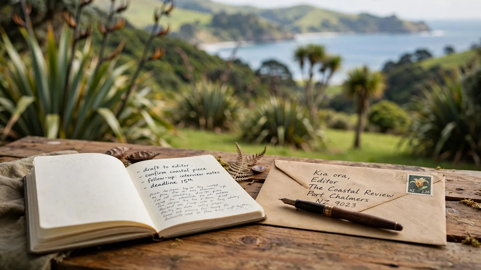 Notebook, pen, and envelope on a wooden desk with a New Zealand coastal landscape behind.