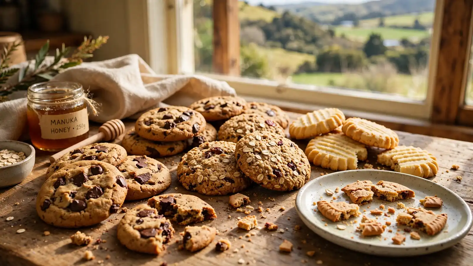 Assorted homemade cookies on a rustic wooden table in a sunlit New Zealand kitchen
