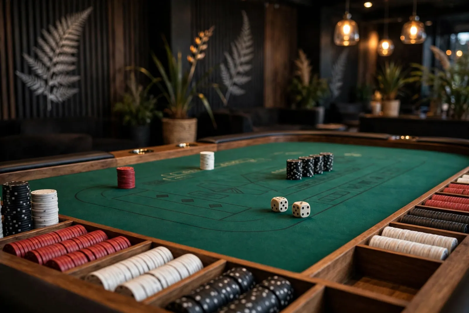 Craps casino table with chips and dice in a New Zealand gaming lounge