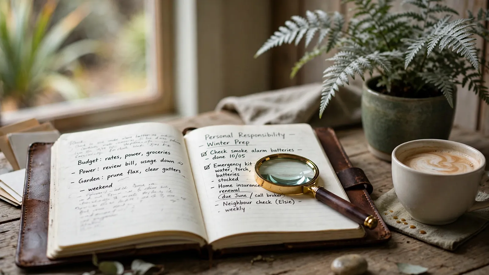 Notebook with magnifying glass on a wooden desk, symbolizing careful reading of a disclaimer.