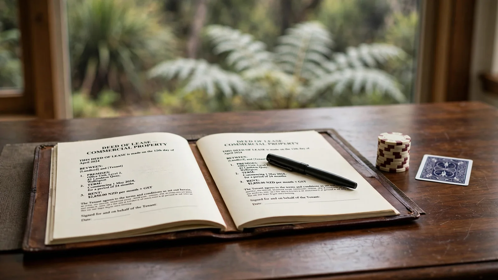 Legal document folder on a wooden desk with a fountain pen, casino chips, and a playing card near a window with New Zealand ferns.