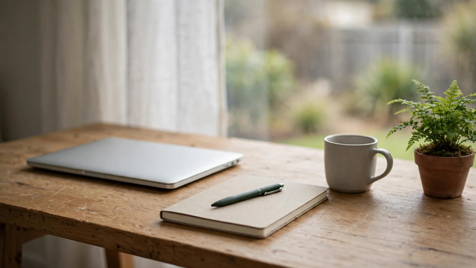 Calm home office desk with closed laptop, notebook, and plant, symbolizing privacy and security.