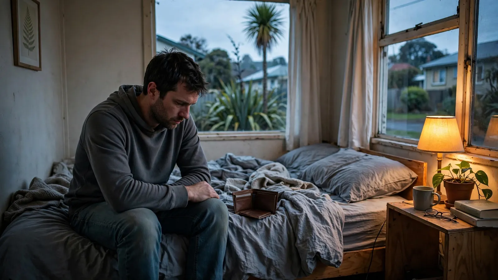 Contemplative man sitting on bed at dusk in a New Zealand apartment, empty wallet nearby