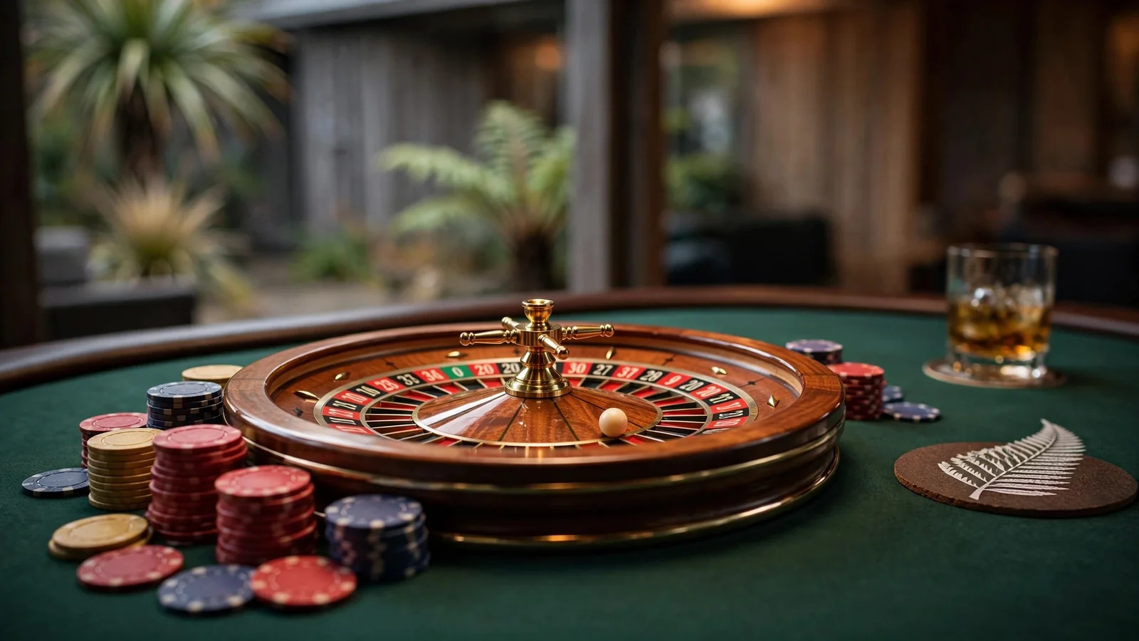 Roulette wheel and casino chips on a green felt table with New Zealand accents