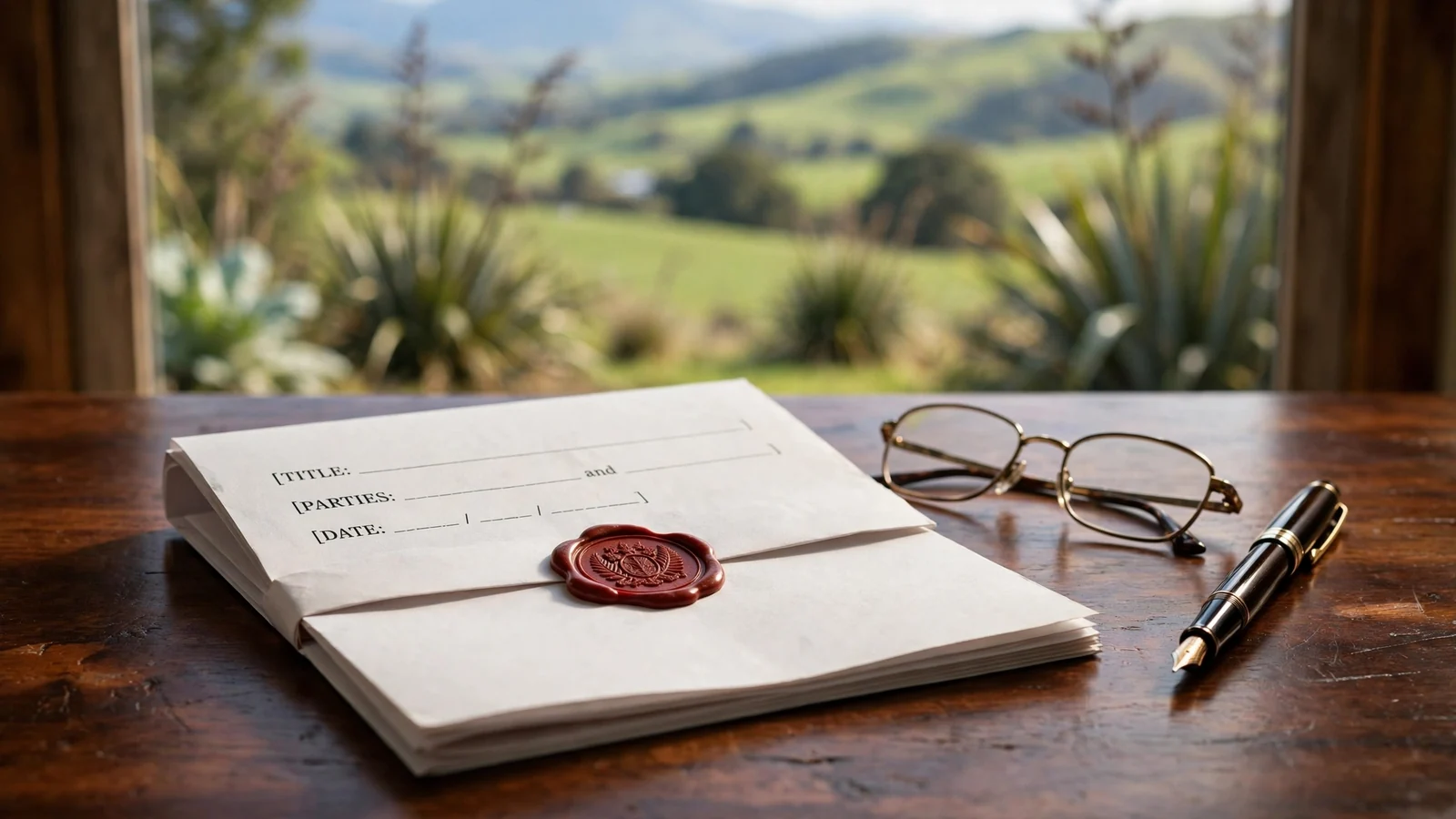 Legal document with wax seal on wooden desk, New Zealand hills in background